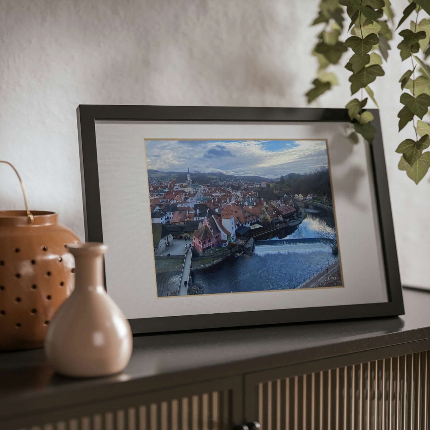 The River of Český Krumlov | Czech Republic | Framed Posters, Black