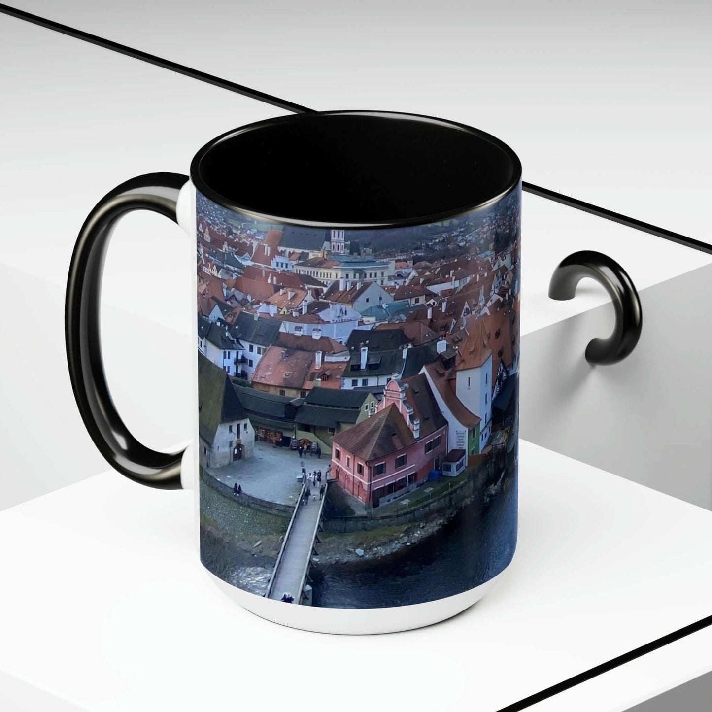 The River of Český Krumlov | Czech Republic | Two-Tone Coffee Mugs, 15oz