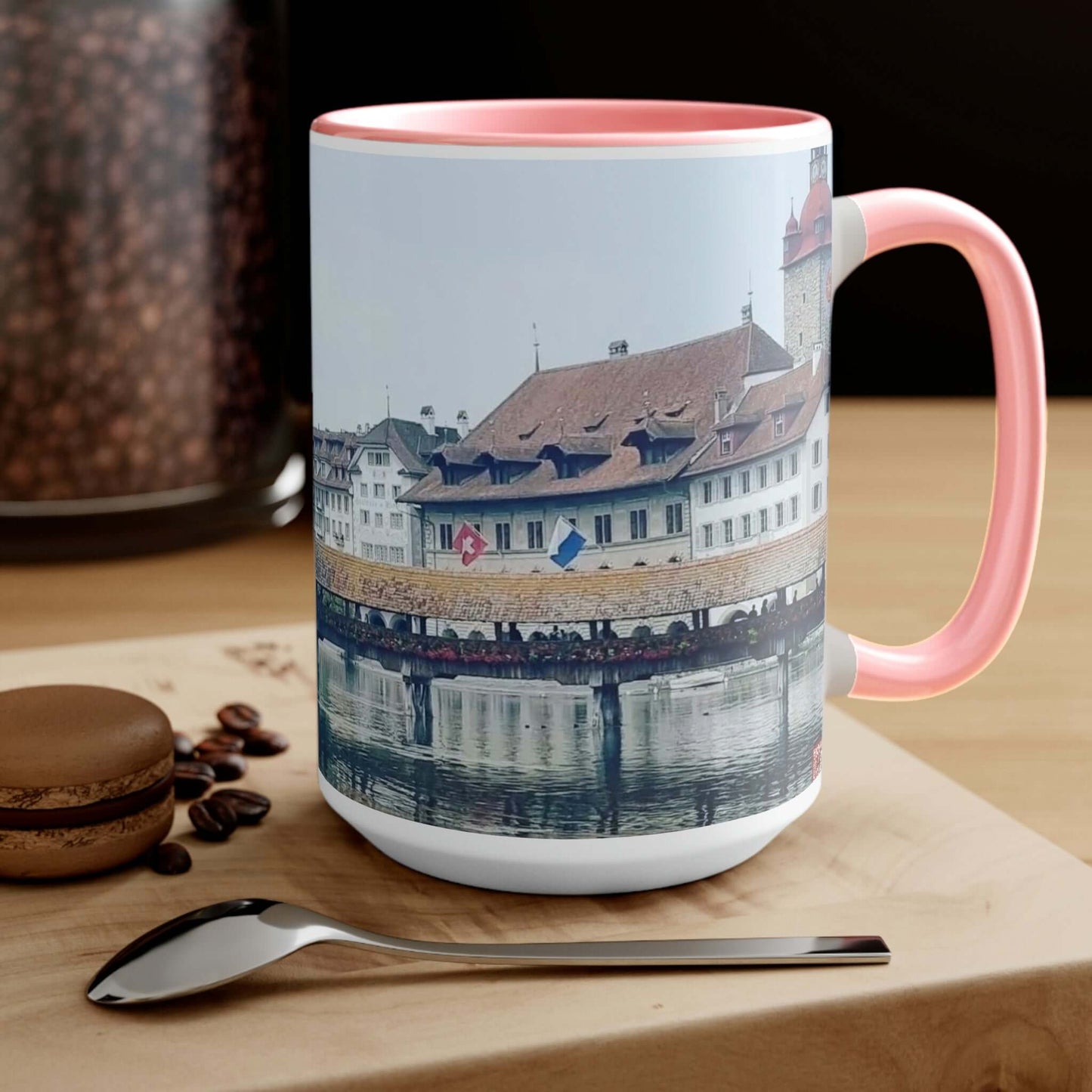 Puente de la Capilla | Suiza | Tazas de café de dos tonos, 15 oz