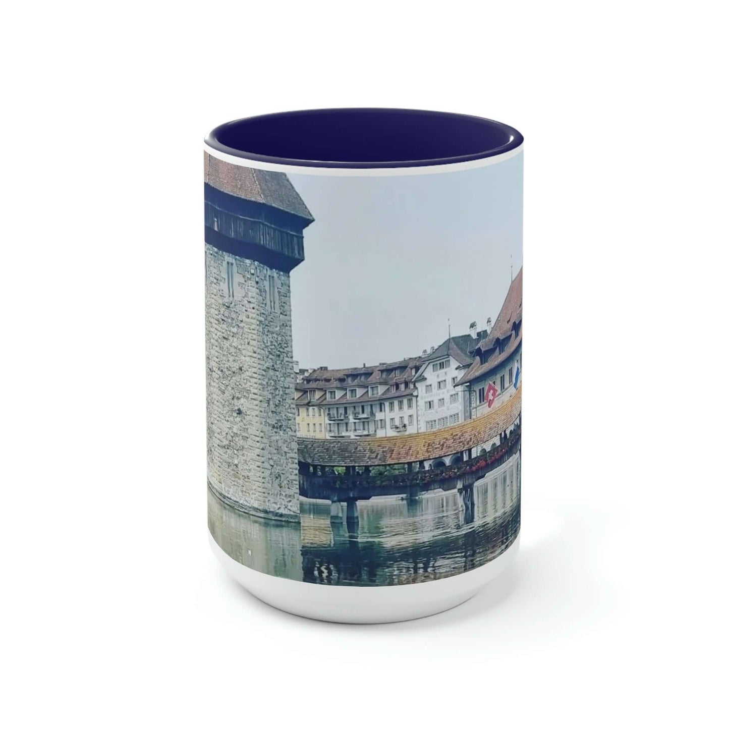 Puente de la Capilla | Suiza | Tazas de café de dos tonos, 15 oz