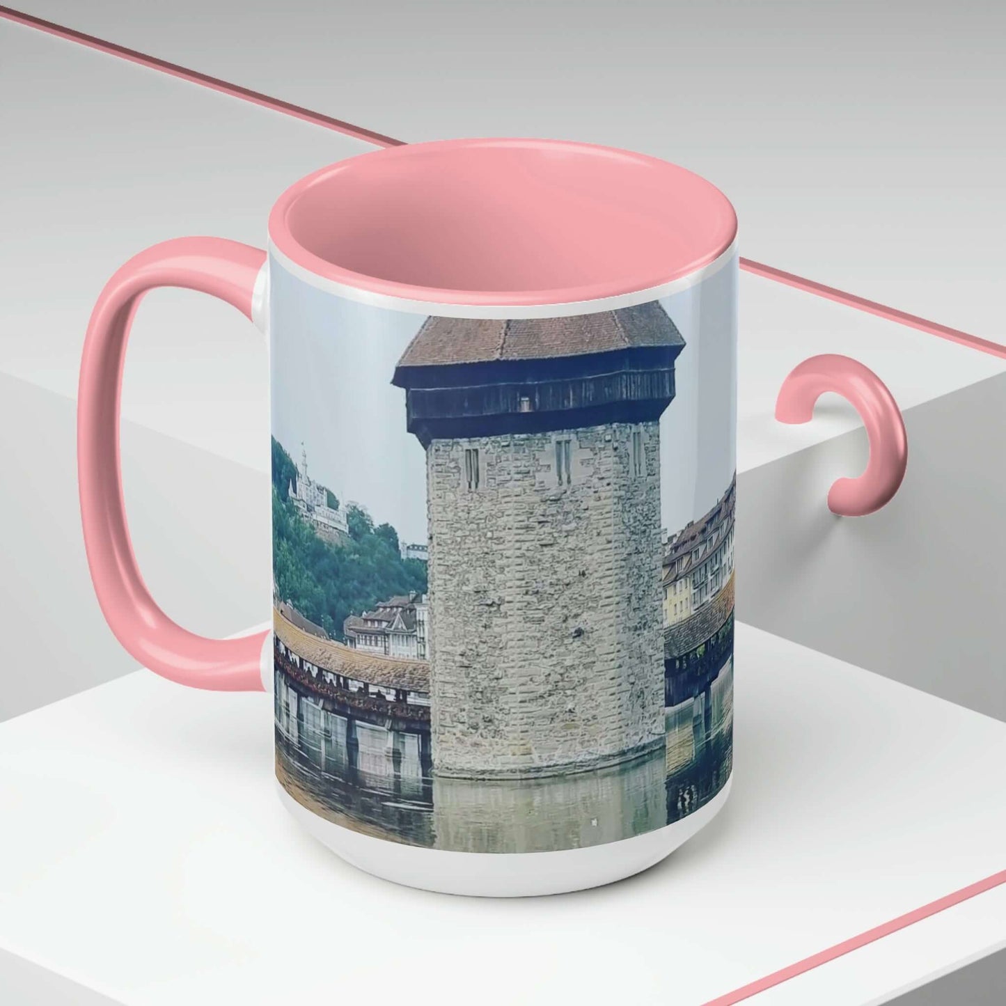 Puente de la Capilla | Suiza | Tazas de café de dos tonos, 15 oz