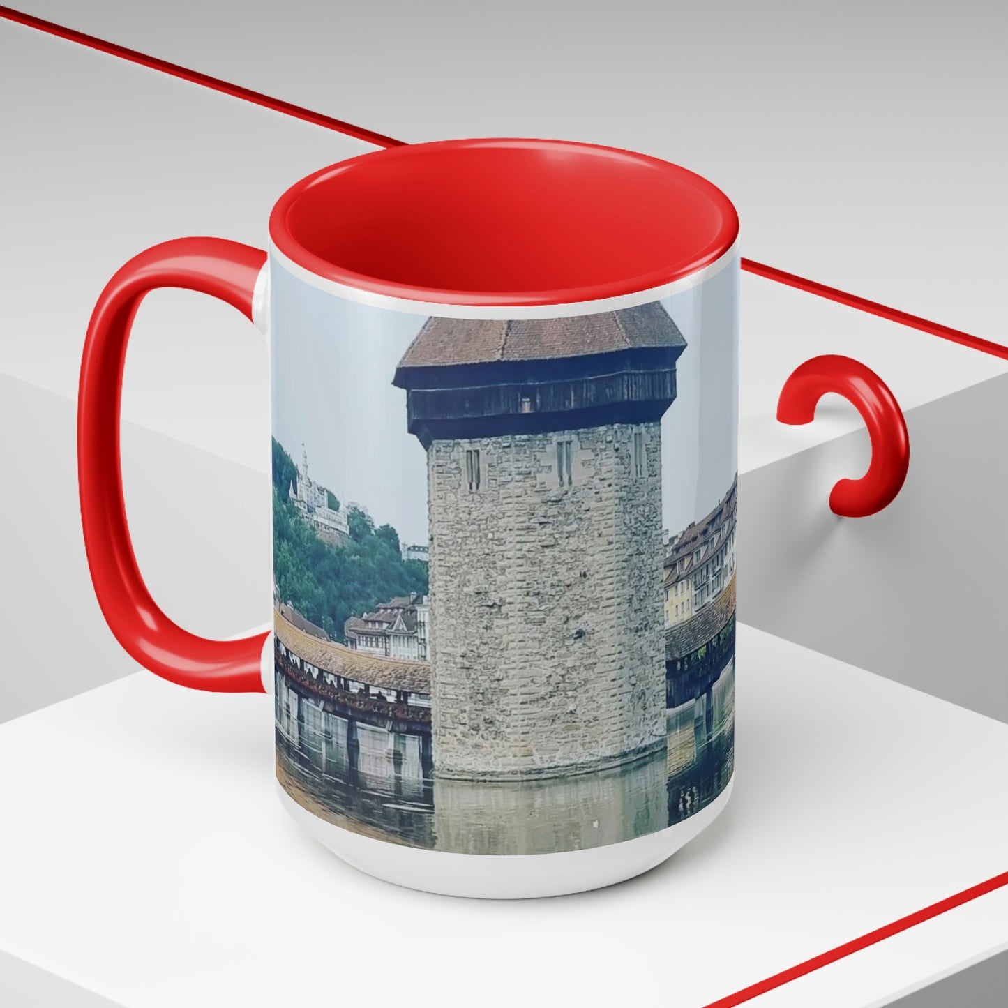 Puente de la Capilla | Suiza | Tazas de café de dos tonos, 15 oz