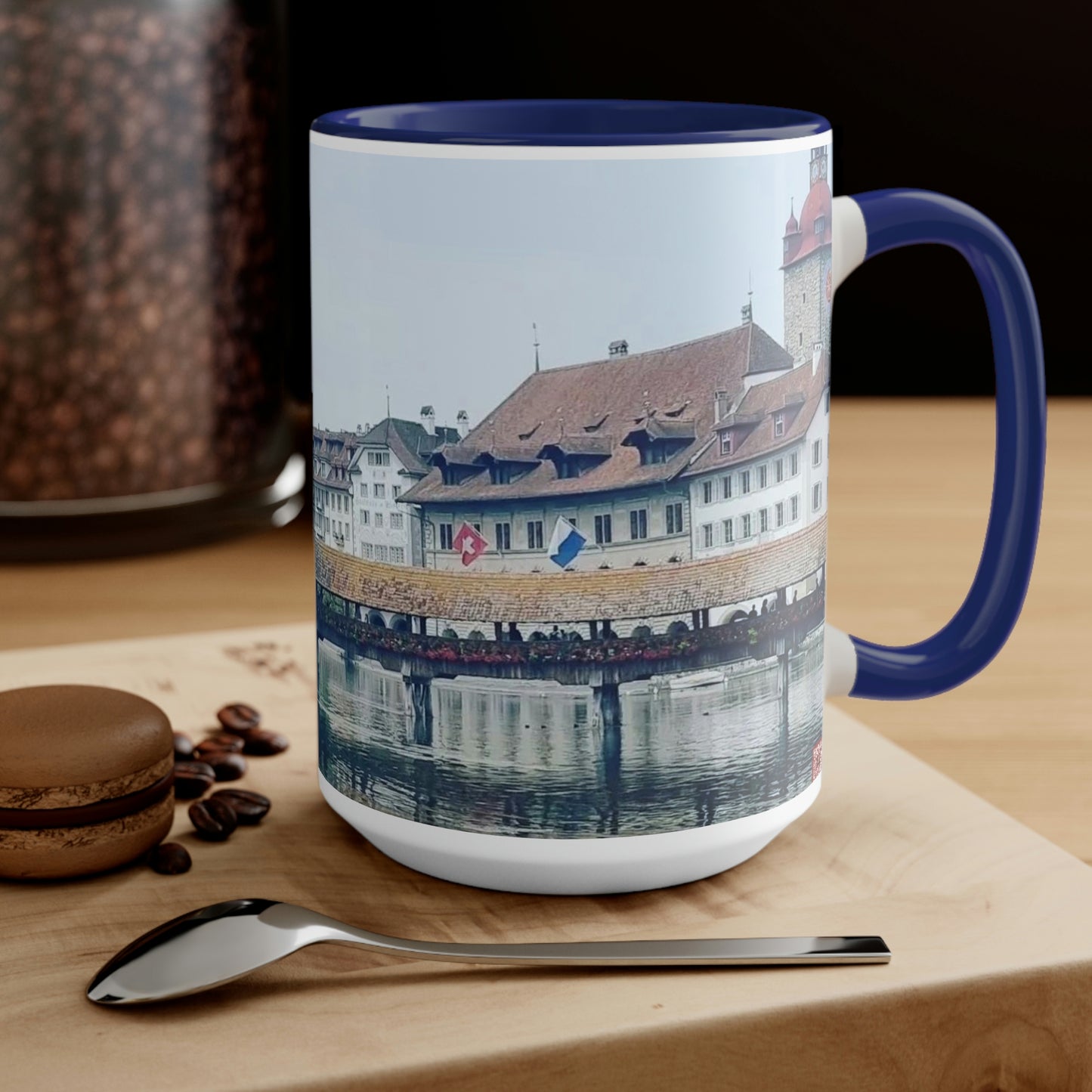 Puente de la Capilla | Suiza | Tazas de café de dos tonos, 15 oz