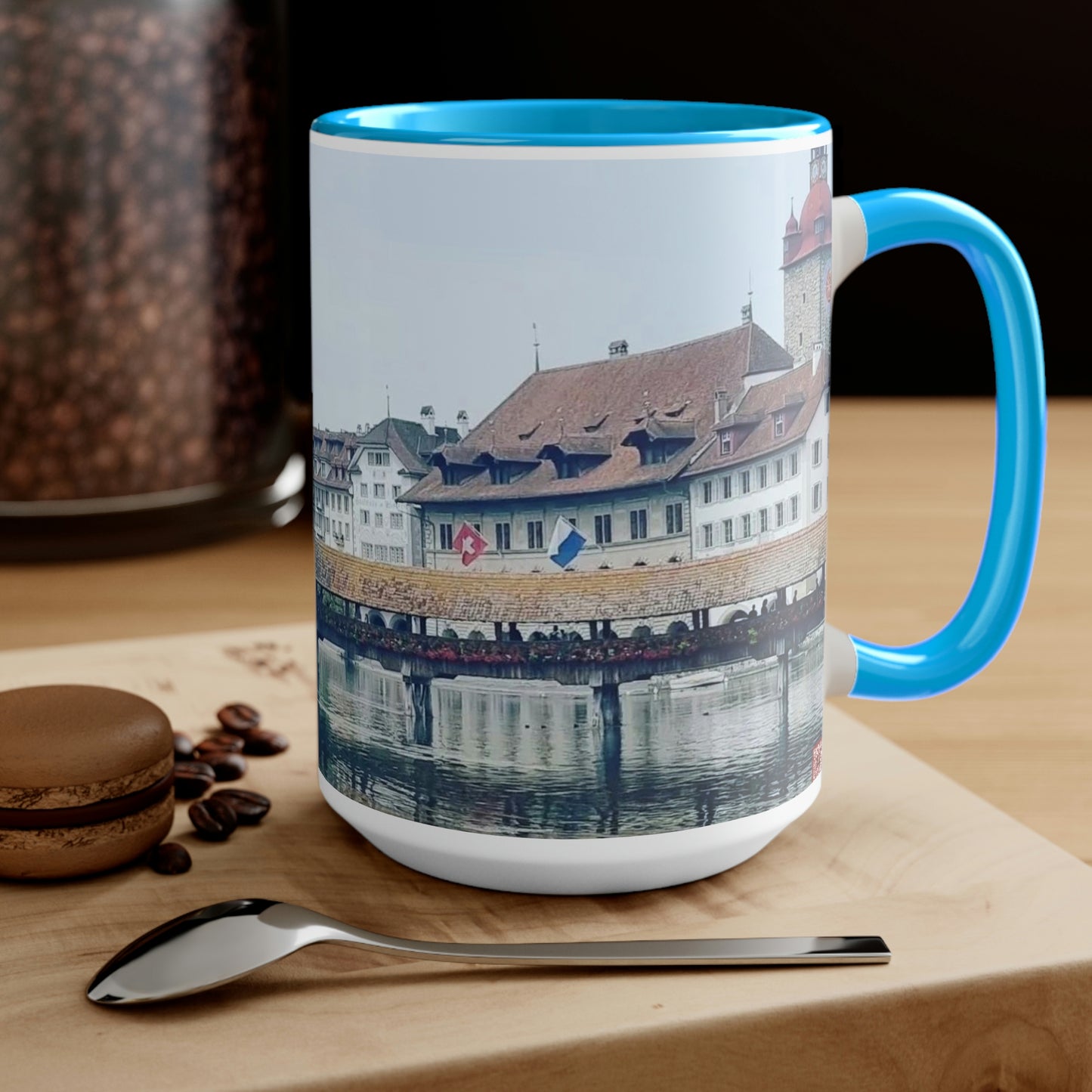 Puente de la Capilla | Suiza | Tazas de café de dos tonos, 15 oz