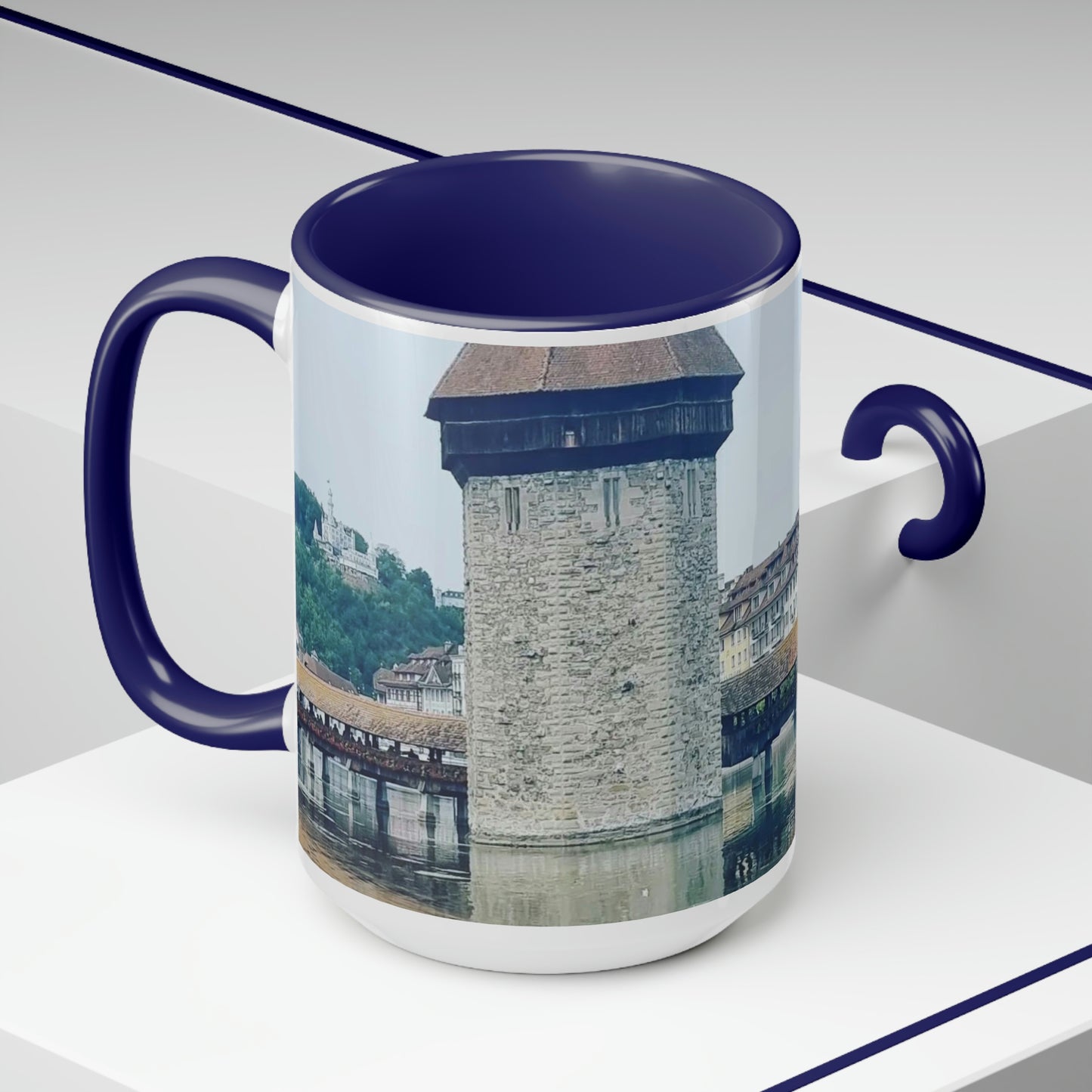 Puente de la Capilla | Suiza | Tazas de café de dos tonos, 15 oz