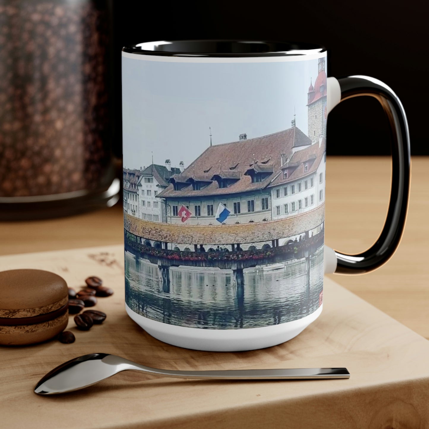 Puente de la Capilla | Suiza | Tazas de café de dos tonos, 15 oz