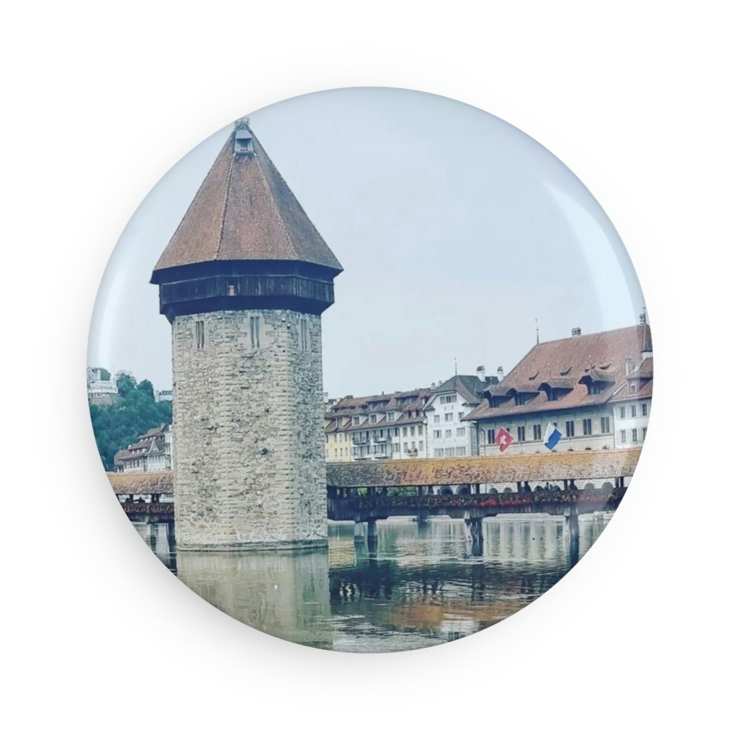 Chapel Bridge | Switzerland | Button Magnet, Round (1 & 10 pcs)