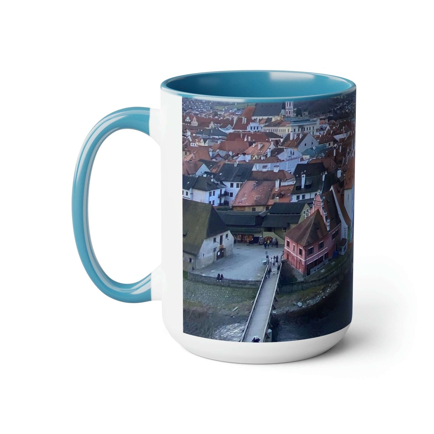 El río de Český Krumlov | República Checa | Tazas de café de dos tonos, 15 oz