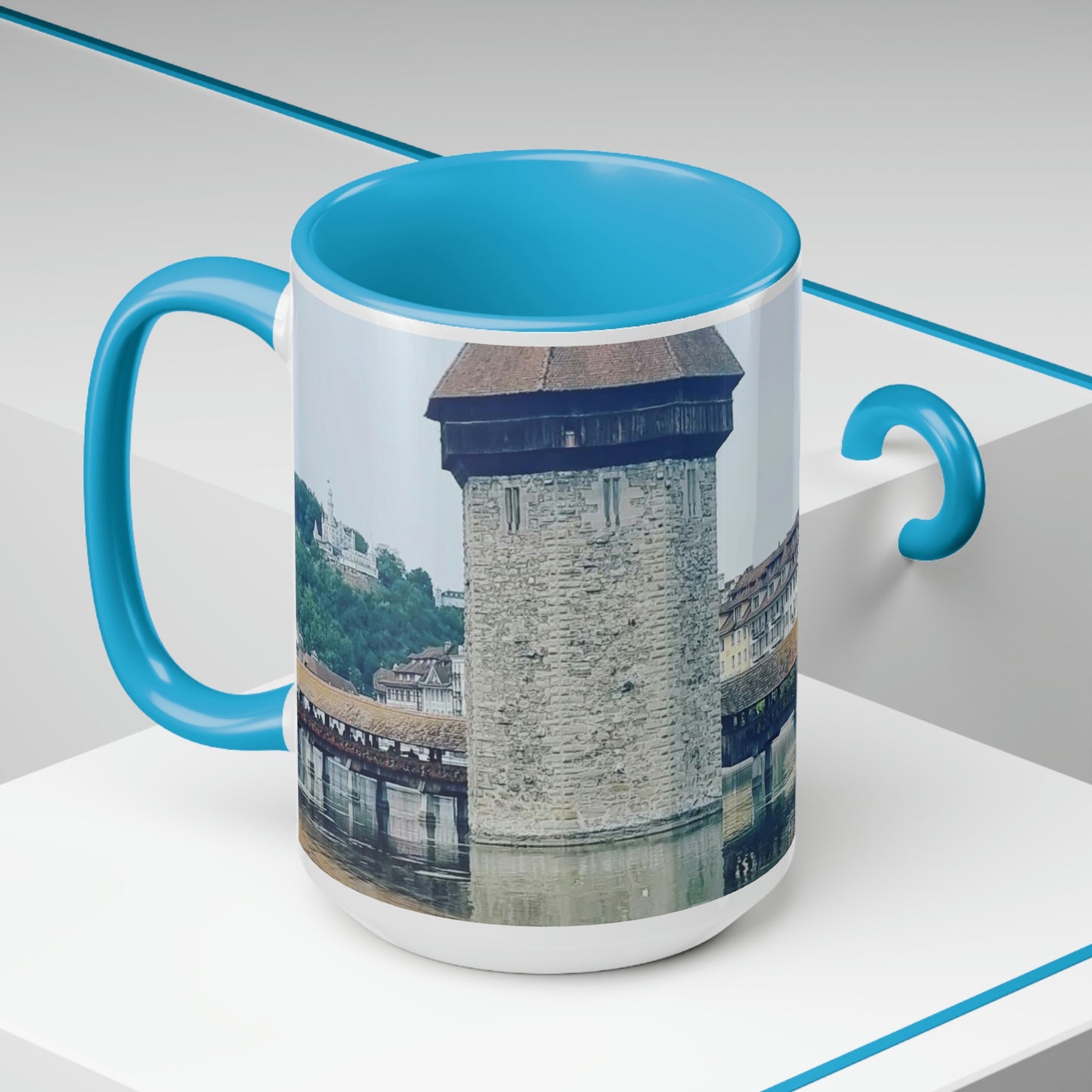 Puente de la Capilla | Suiza | Tazas de café de dos tonos, 15 oz