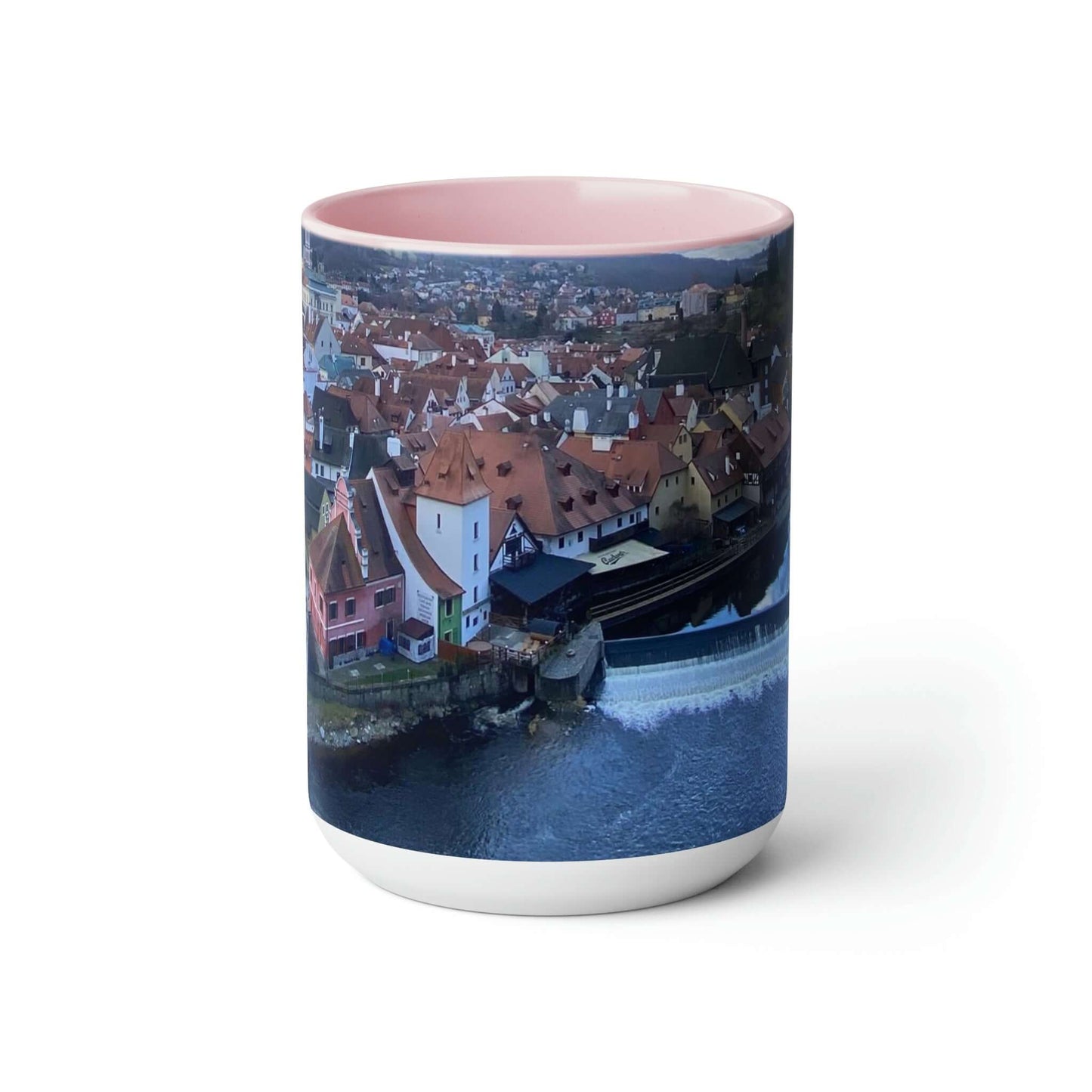 El río de Český Krumlov | República Checa | Tazas de café de dos tonos, 15 oz